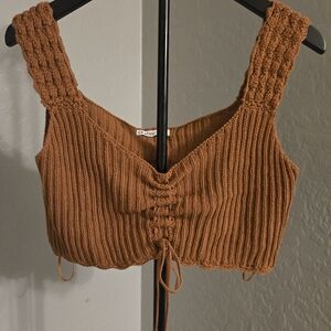Brown Ribbed Knit Crop Top with Ruched Drawstring Front- M